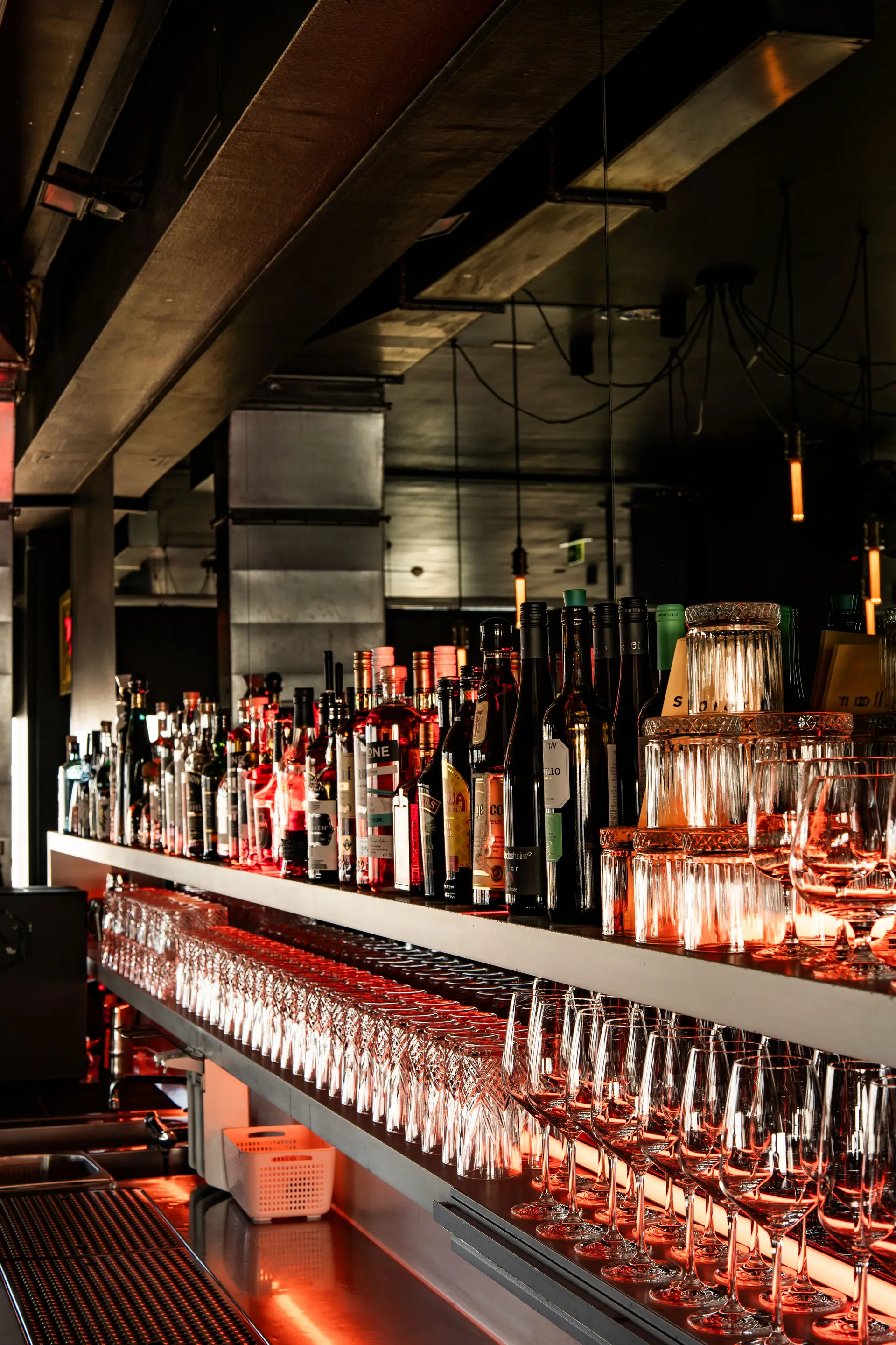Illuminated bottle wall at the bar
