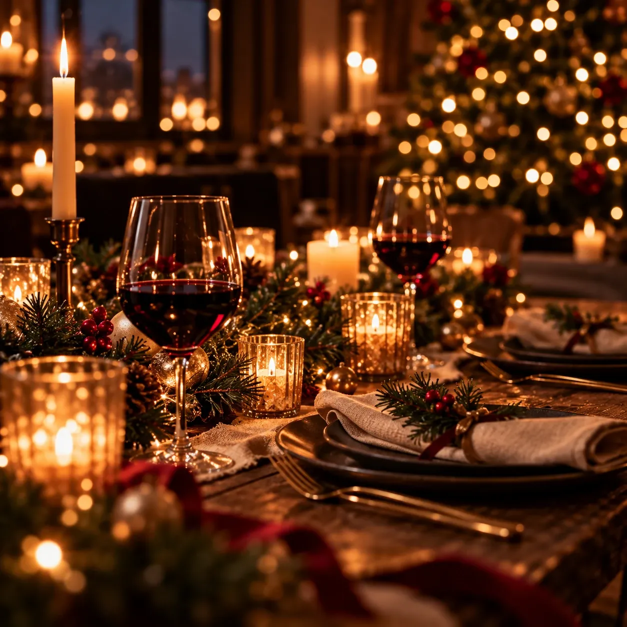 Festlich gedeckter Tisch mit Kerzen, Rotwein und Weihnachtsbaum